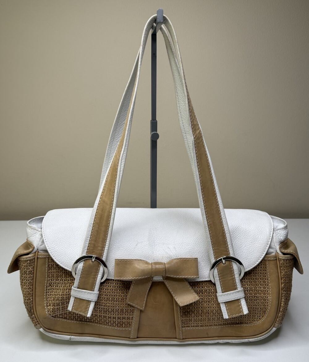 Fiori Shoulder Bag White Beige Pebbled Woven Leather Bow Accent Dual Handle Bag